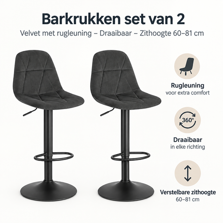 Set van 2 barkrukken van velvet met rugleuning, draaibaar en verstelbaar in hoogte, door BukkitBow.