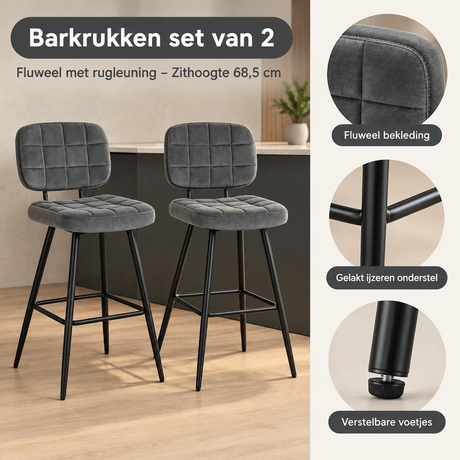 Set van 2 barkrukken van fluweel met rugleuning en zithoogte 68,5 cm, door BukkitBow, elegante en comfortabele zitopties.