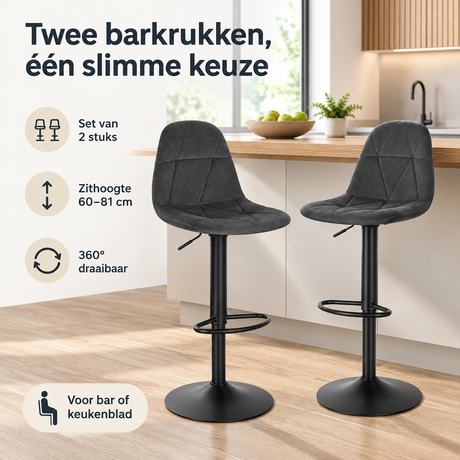 Set van 2 barkrukken van velvet met rugleuning, draaibaar, zithoogte 60-81 cm, door BukkitBow.