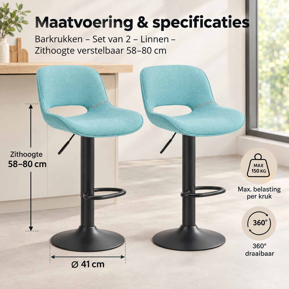 Afmetingen en productspecificaties van barkrukken set van 2