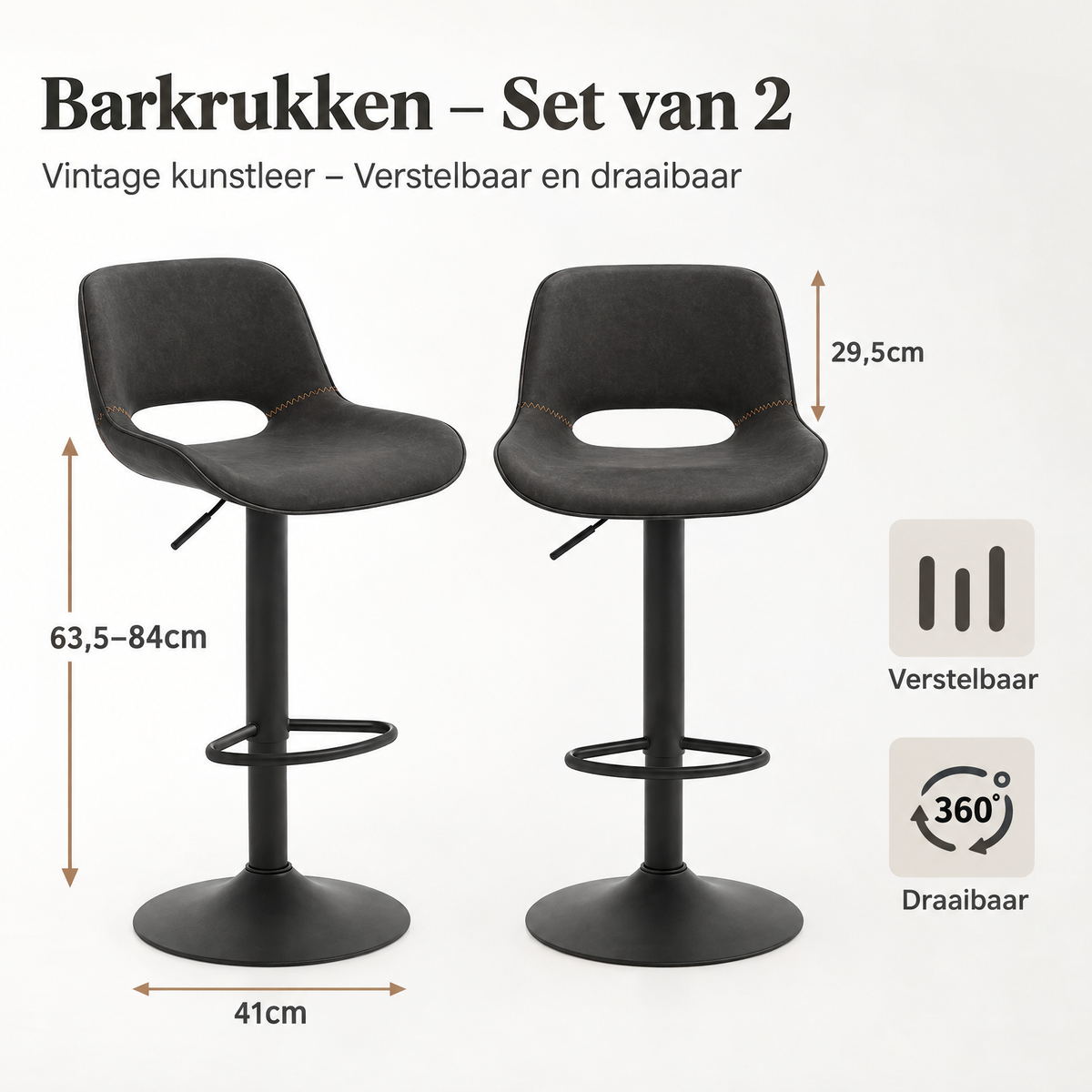 Afmetingen en productspecificaties van barkrukken set van 2