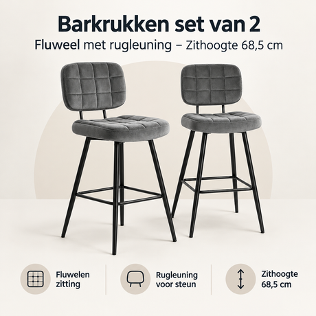 Set van 2 barkrukken van BukkitBow met fluwelen bekleding en rugleuning, zithoogte 68,5 cm, geschikt voor eet- en keukeneilanden.