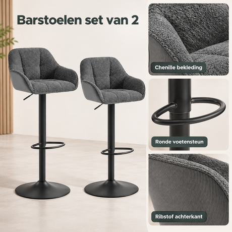 Detail van materiaal en afwerking van barstoelen set van 2
