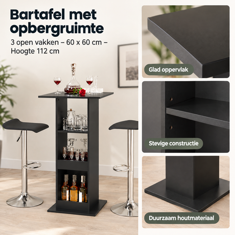 Detail van materiaal en afwerking van bartafel met opbergruimte