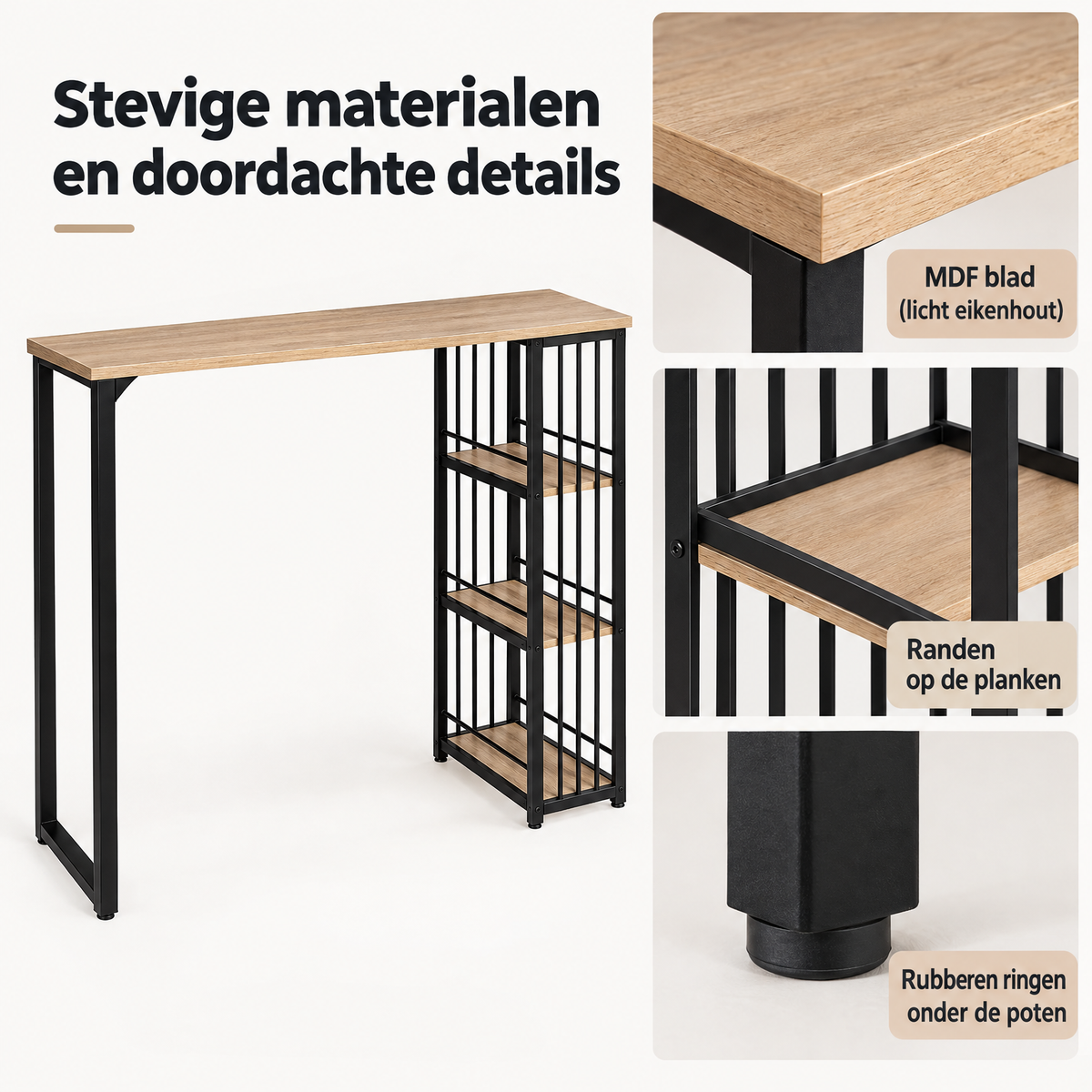 Detail van materiaal en afwerking van bartafel met opbergruimte