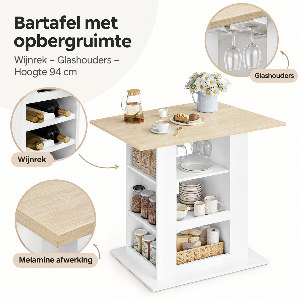 Detail van materiaal en afwerking van bartafel met opbergruimte