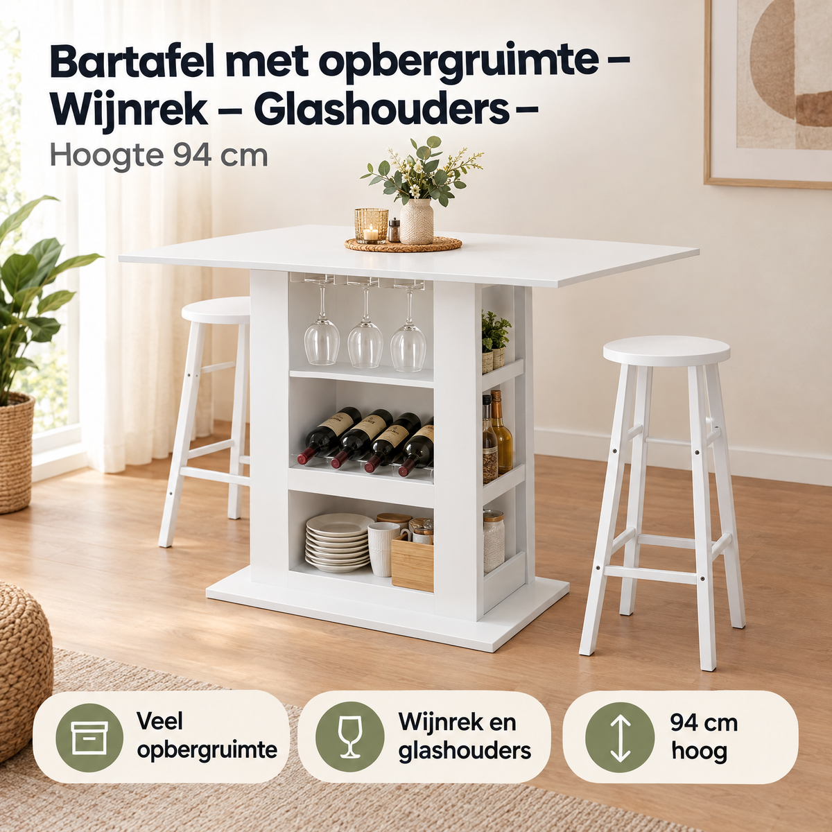 Praktische toepassing en keuzehulp voor bartafel met opbergruimte