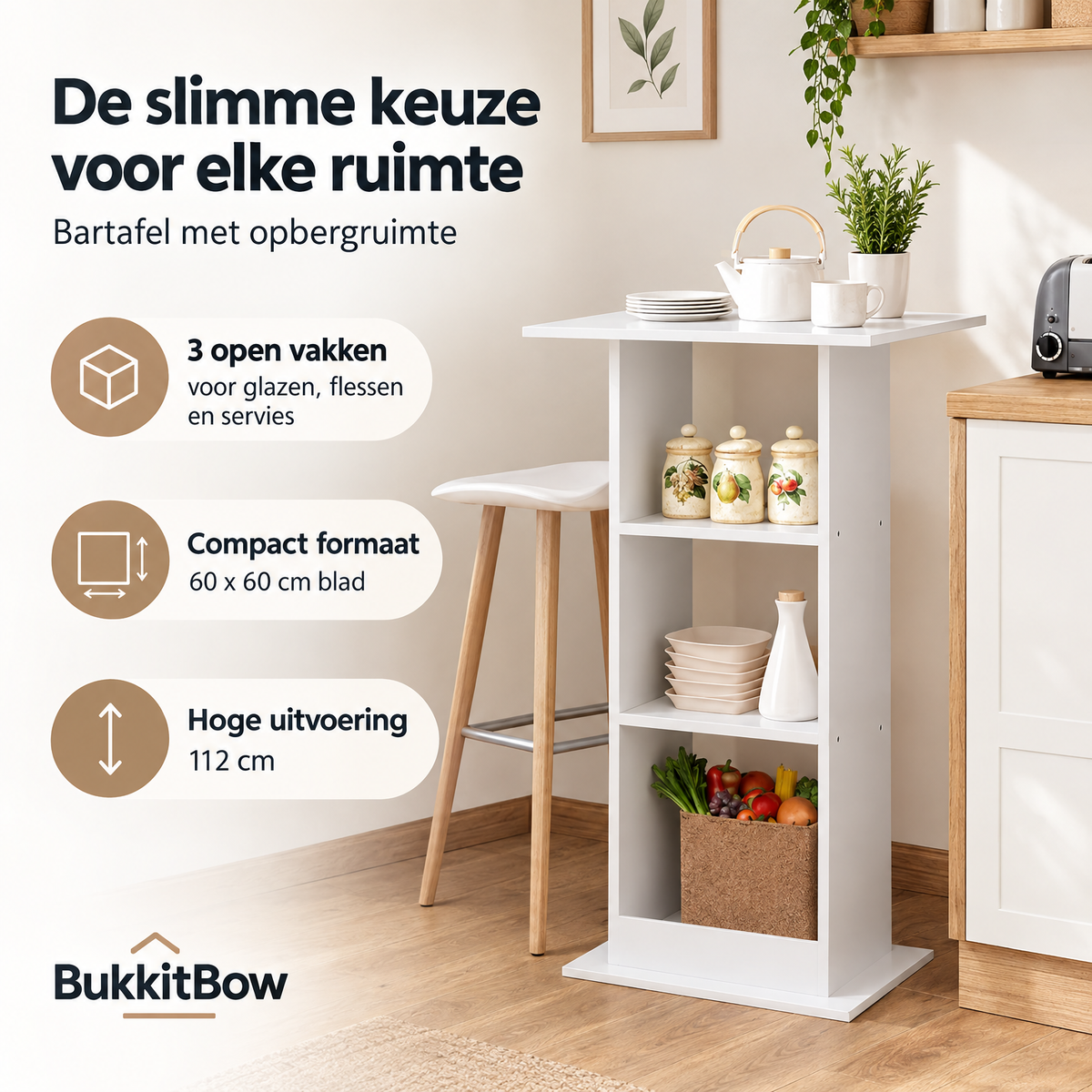 Praktische toepassing en keuzehulp voor bartafel met opbergruimte