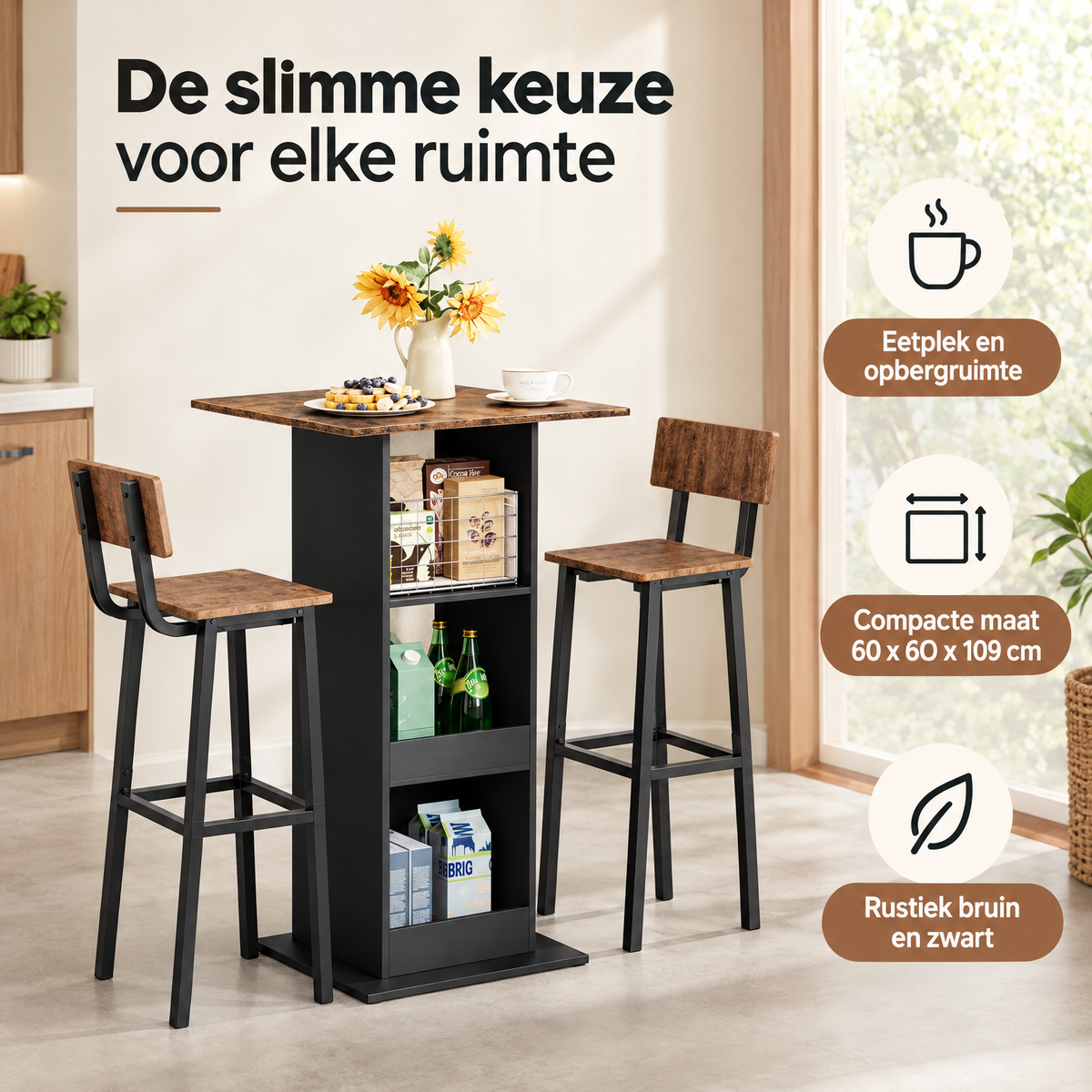 Praktische toepassing en keuzehulp voor bartafel met opbergruimte