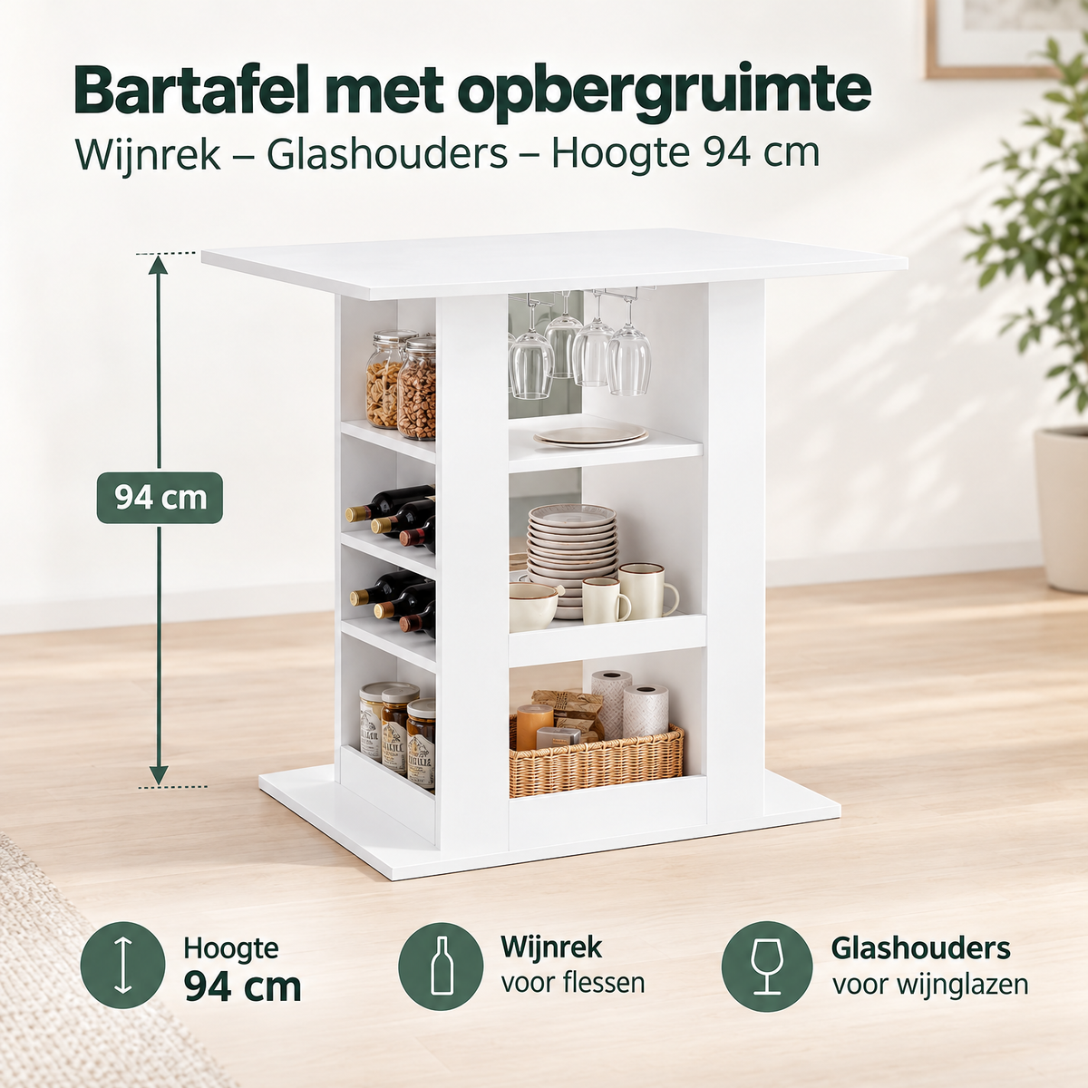Afmetingen en productspecificaties van bartafel met opbergruimte