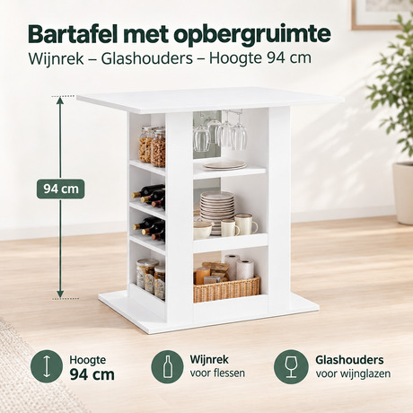 Afmetingen en productspecificaties van bartafel met opbergruimte