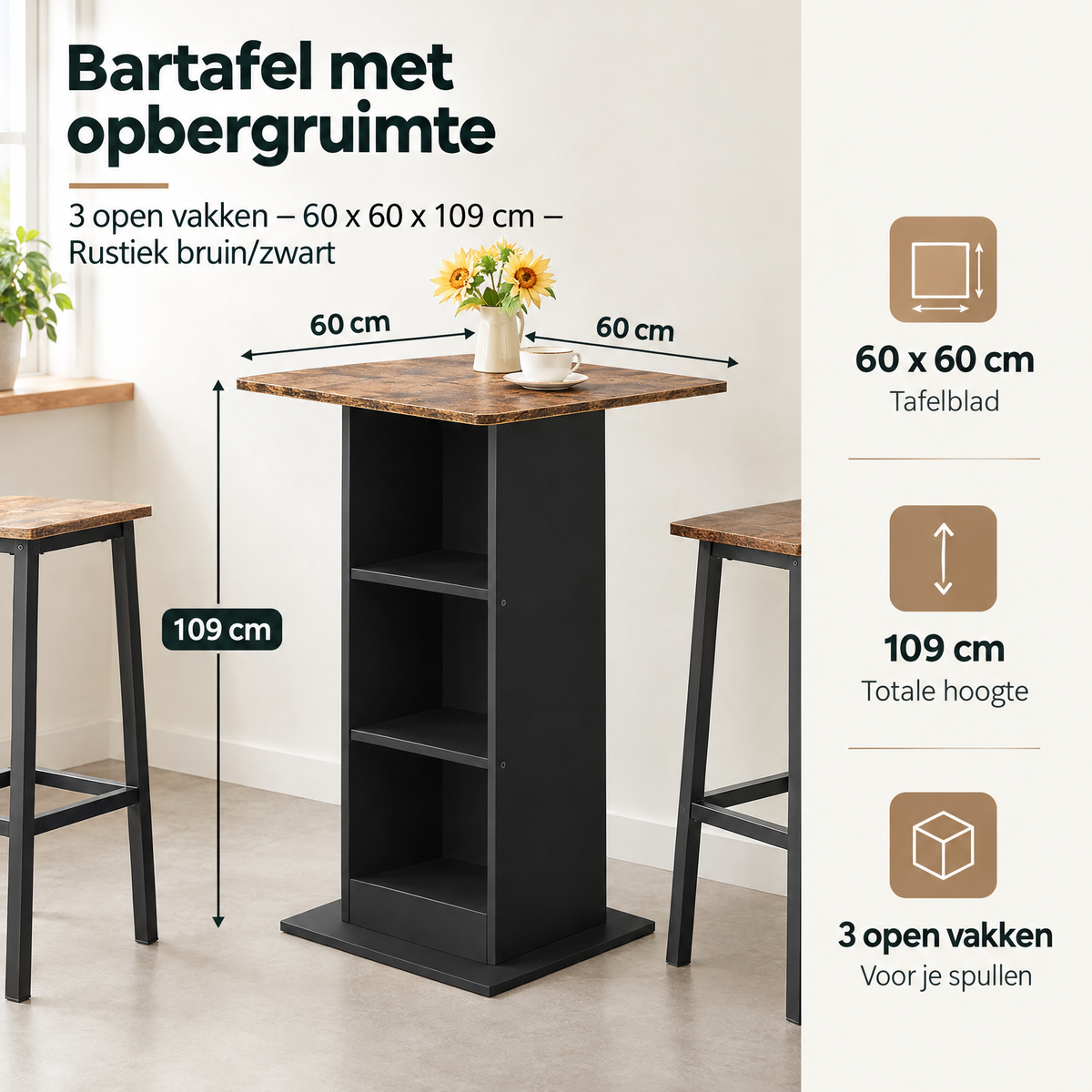 Afmetingen en productspecificaties van bartafel met opbergruimte