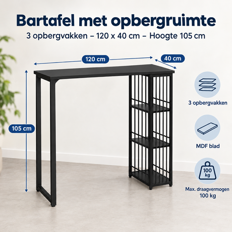 Afmetingen en productspecificaties van bartafel met opbergruimte