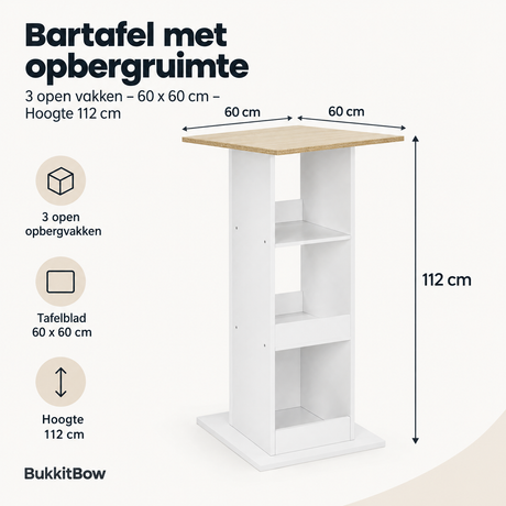 Afmetingen en productspecificaties van bartafel met opbergruimte