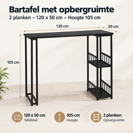 Afmetingen en productspecificaties van bartafel met opbergruimte