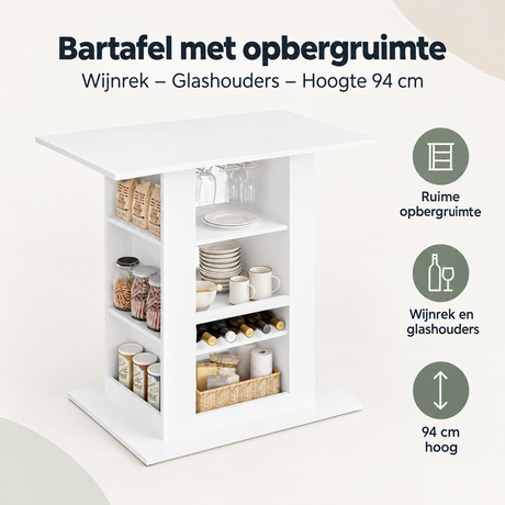 Overzicht van bartafel met opbergruimte met de belangrijkste productvoordelen