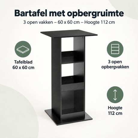 Overzicht van bartafel met opbergruimte met de belangrijkste productvoordelen