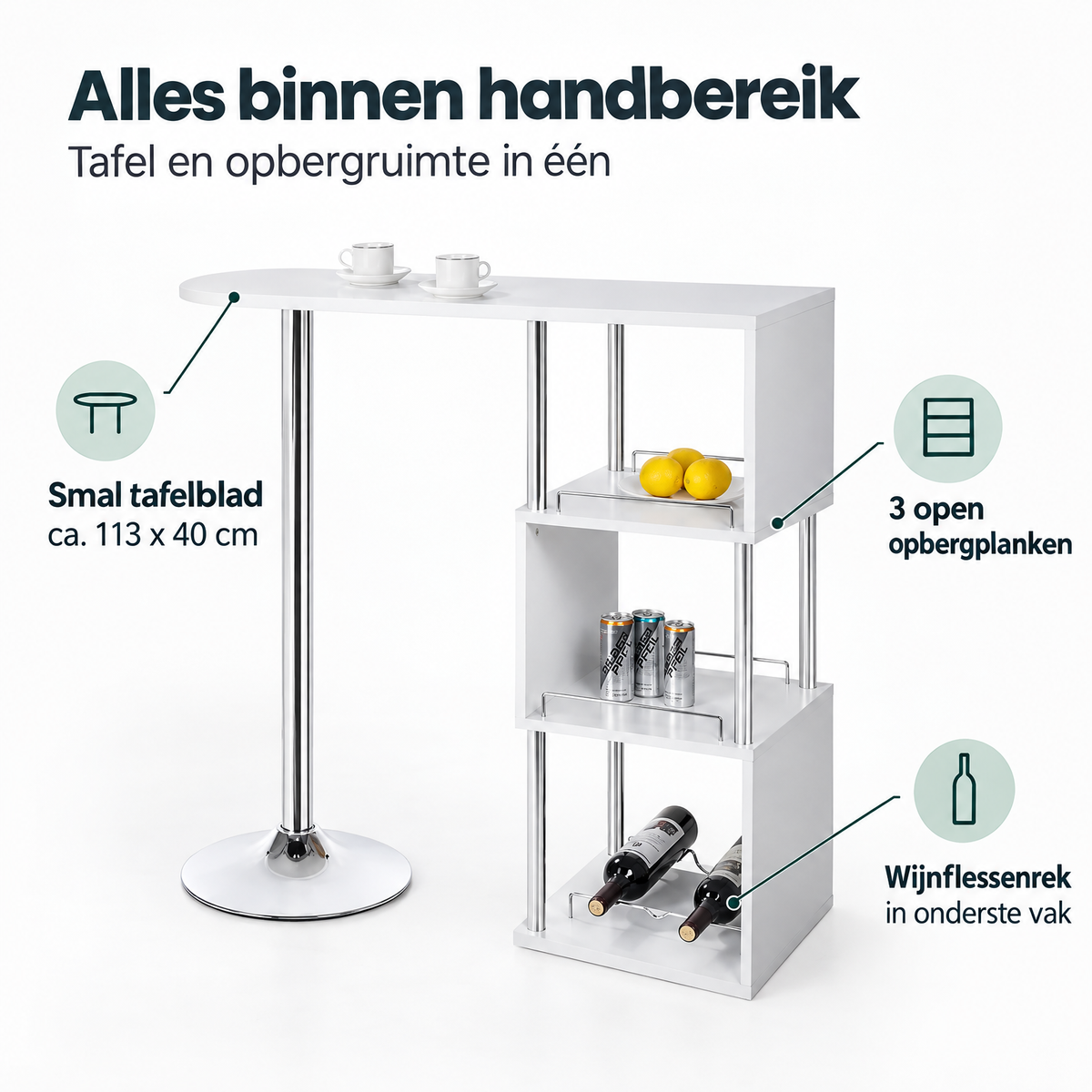 Belangrijkste voordelen en eigenschappen van bartafel met wijnrek