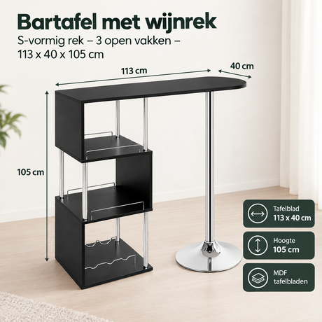 Afmetingen en productspecificaties van bartafel met wijnrek
