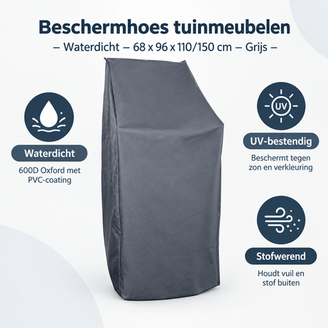 Grijze beschermhoes voor tuinmeubelen van BukkitBow, waterdicht, 68x96x110/150 cm, geschikt voor buitengebruik.