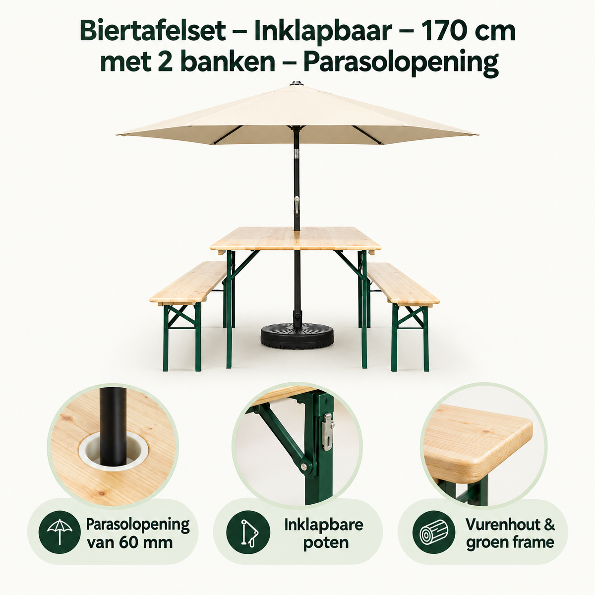 Inklapbaar BukkitBow biertafelset van 170 cm met 2 banken en parasolopening, geschikt voor buitengebruik
