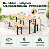Inklapbaar BukkitBow biertafelset van 170 cm met twee banken en parasolopening, ideaal voor buitengebruik.
