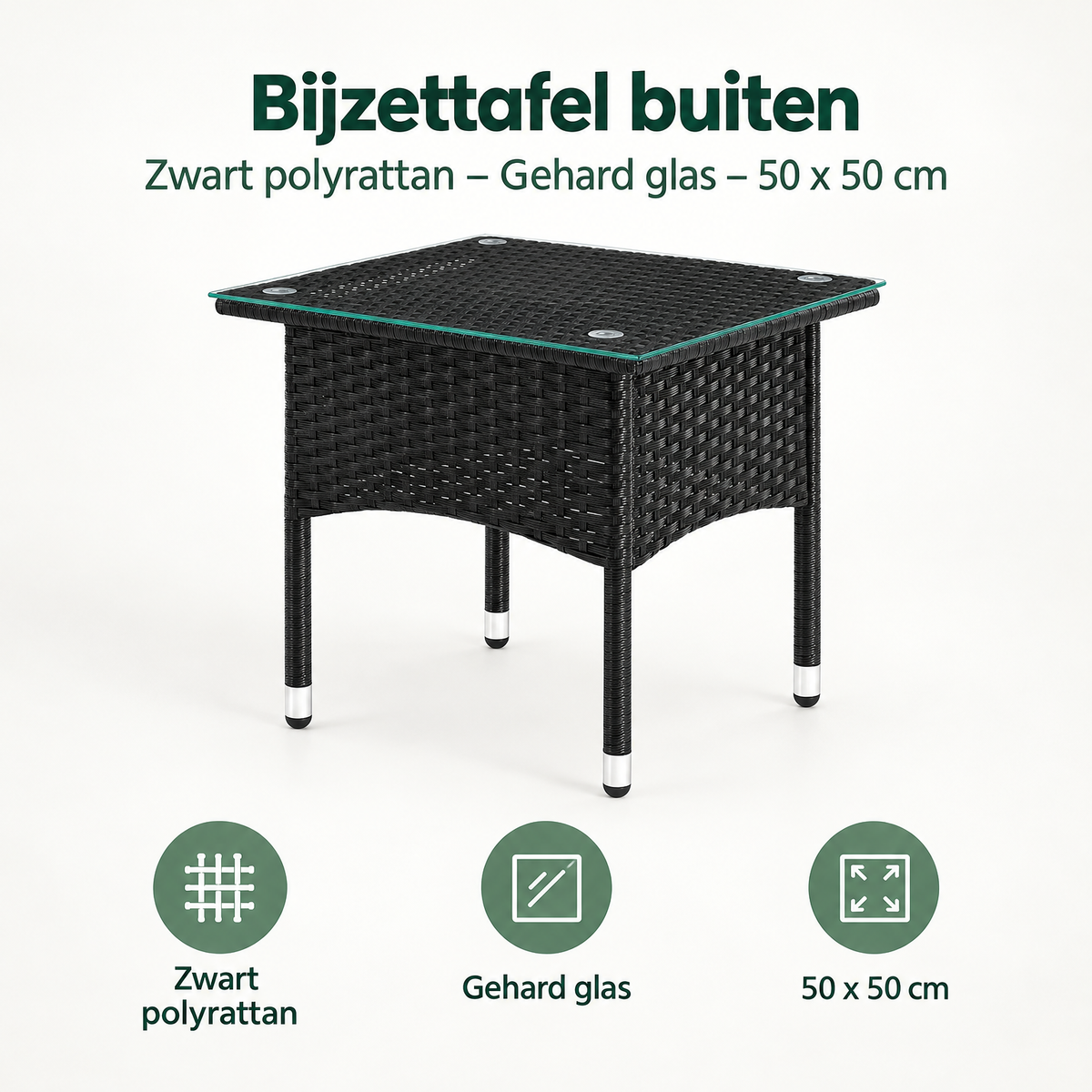 Overzicht van bijzettafel buiten met de belangrijkste productvoordelen