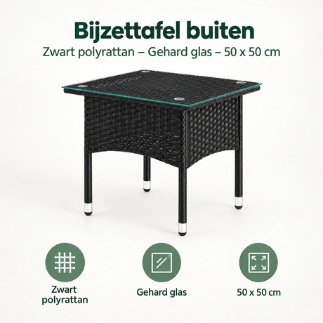 Overzicht van bijzettafel buiten met de belangrijkste productvoordelen