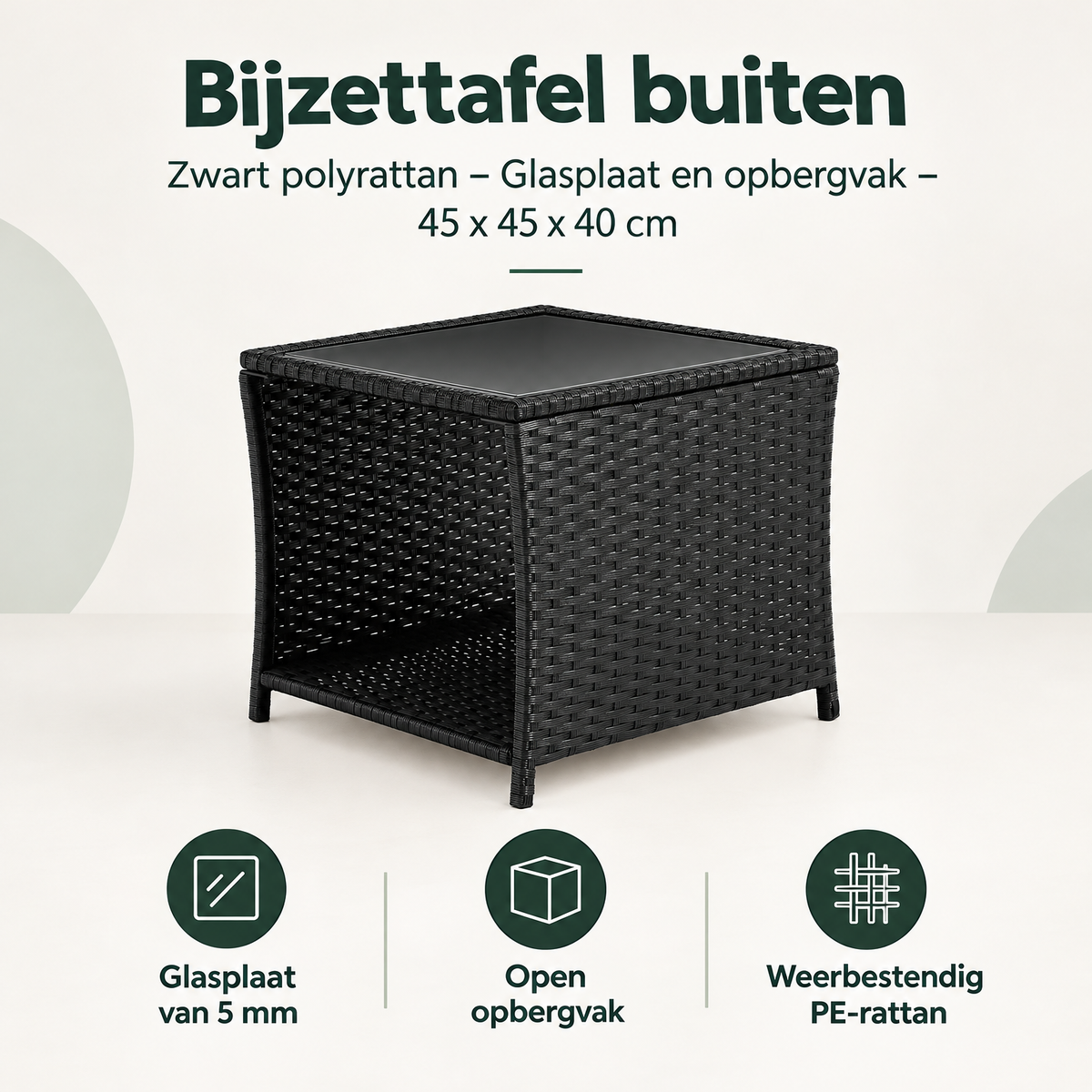 Overzicht van bijzettafel buiten met de belangrijkste productvoordelen