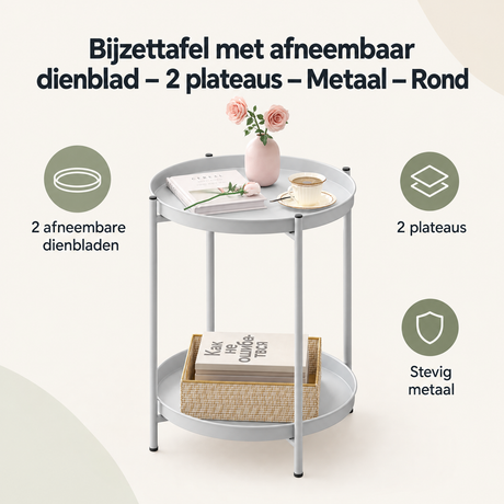 Overzicht van bijzettafel met afneembaar dienblad met de belangrijkste productvoordelen