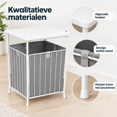 Detail van materiaal en afwerking van bijzettafel met mand