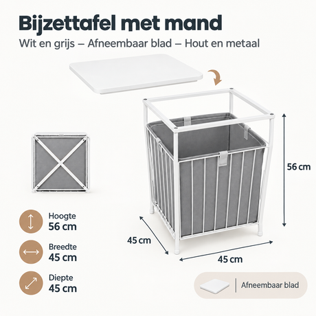 Afmetingen en productspecificaties van bijzettafel met mand