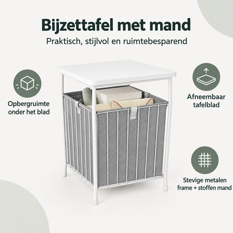 Overzicht van bijzettafel met mand met de belangrijkste productvoordelen