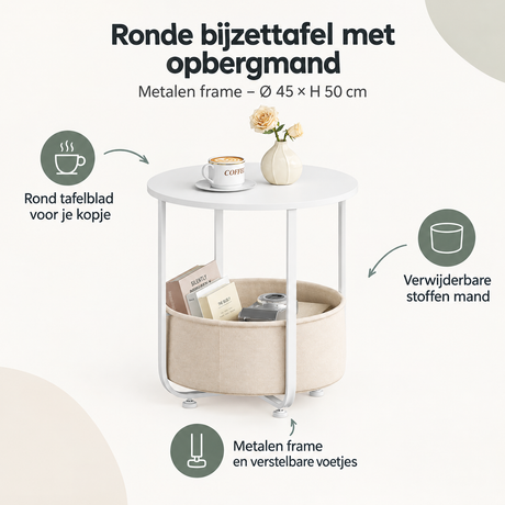 Overzicht van bijzettafel met opbergmand met de belangrijkste productvoordelen