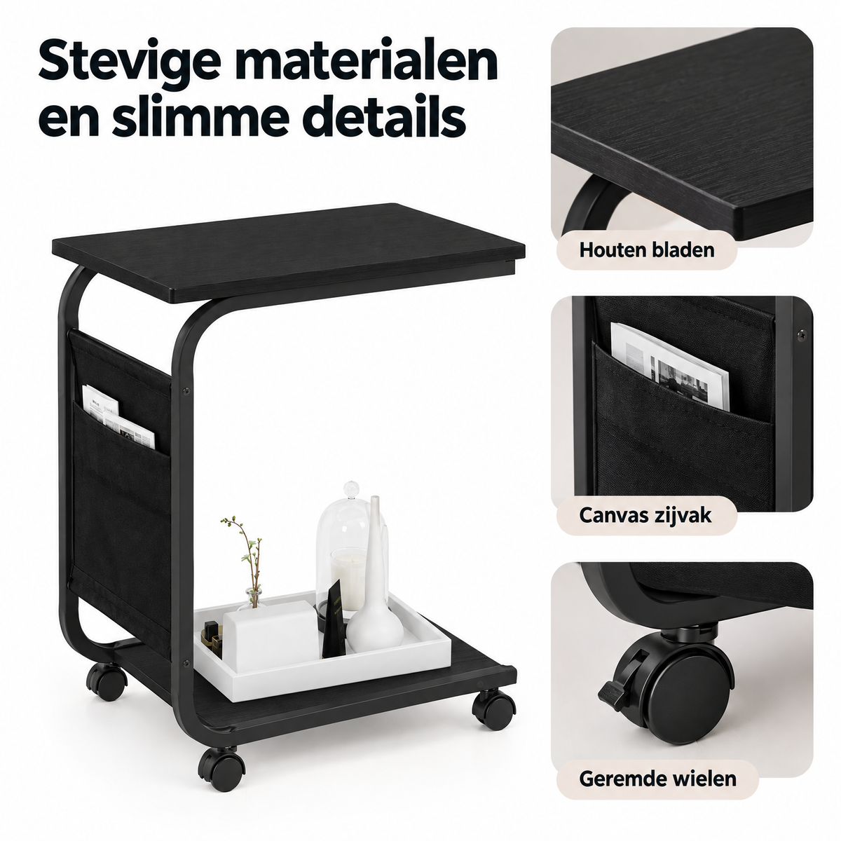 Detail van materiaal en afwerking van bijzettafel op wielen zwart
