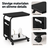 Detail van materiaal en afwerking van bijzettafel op wielen zwart