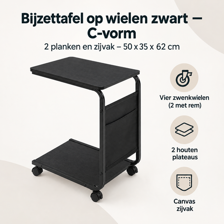 Overzicht van bijzettafel op wielen zwart met de belangrijkste productvoordelen