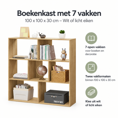 Witte of licht eiken boekenkast met 7 vakken, afmetingen 100x100x30 cm, van BukkitBow, geschikt voor boeken en decoraties