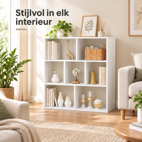 Witte of licht eiken Boekenkast met 7 vakken van BukkitBow, afmeting 100x100x30 cm, geschikt voor boeken en decoratie.