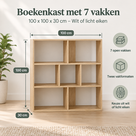 Witte of licht eiken boekenkast met 7 vakken, afmetingen 100x100x30 cm, van BukkitBow, geschikt voor boeken en decoratie.