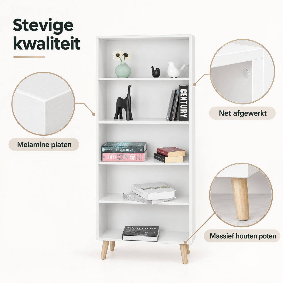 Detail van materiaal en afwerking van boekenkast met 5 vakken