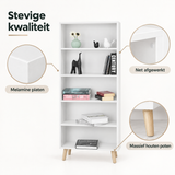Detail van materiaal en afwerking van boekenkast met 5 vakken