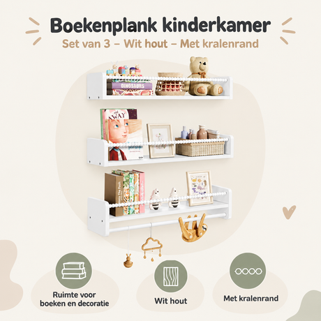 Overzicht van boekenplank kinderkamer met de belangrijkste productvoordelen