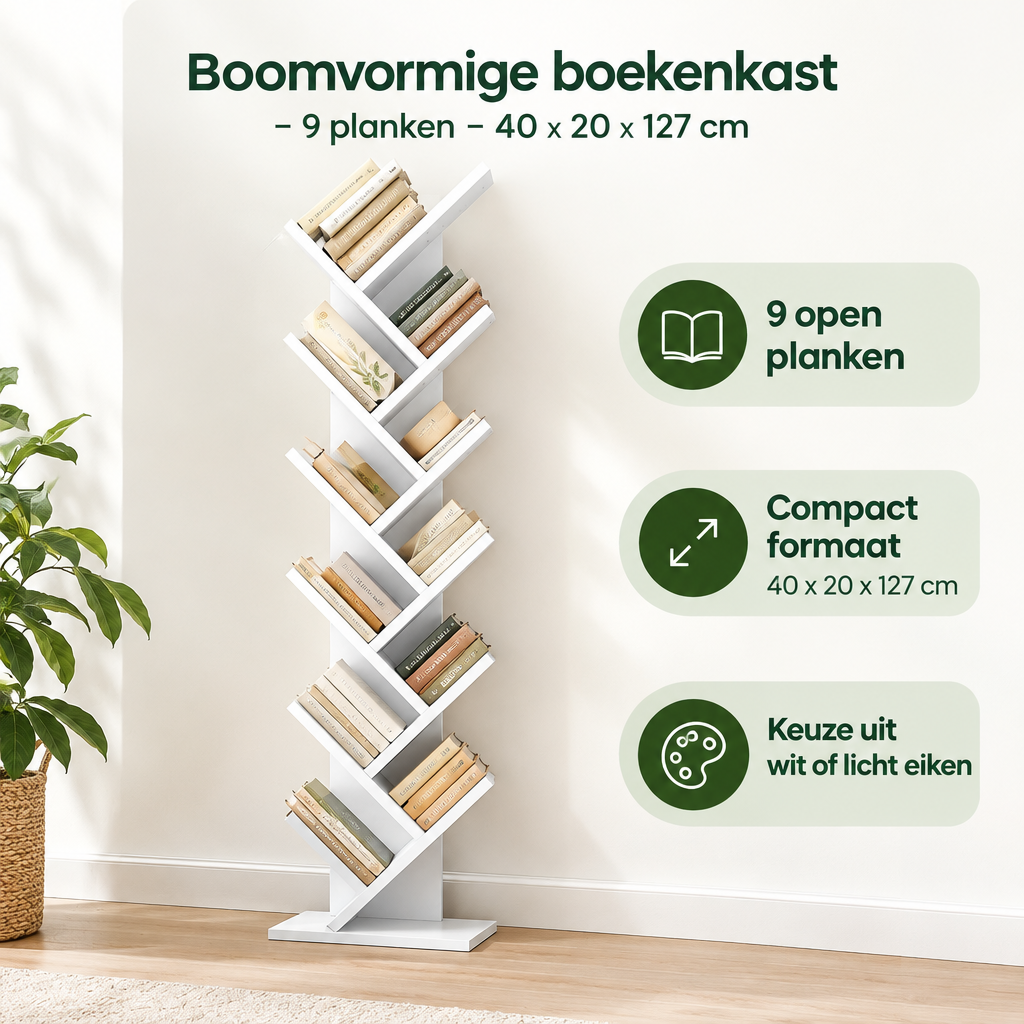 Belangrijkste voordelen en eigenschappen van boomvormige boekenkast
