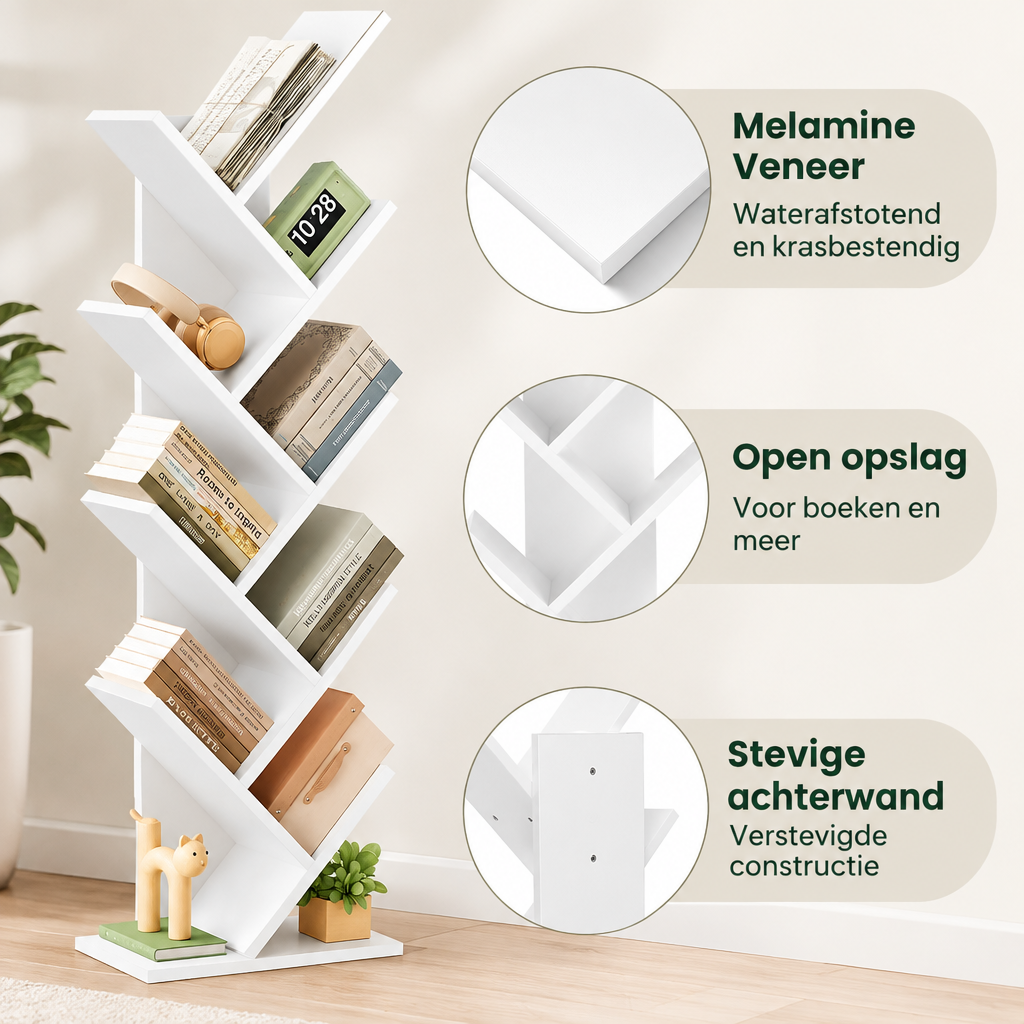 Detail van materiaal en afwerking van boomvormige boekenkast