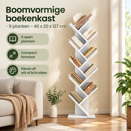 Boomvormige boekenkast van BukkitBow met 9 planken, praktische opbergruimte, afmetingen 40x20x127 cm, stevig en stijlvol.