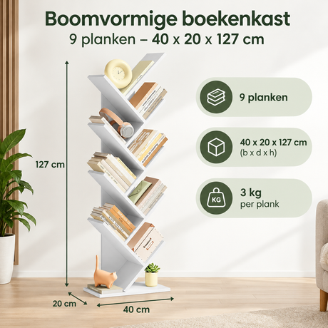 Boomvormige boekenkast van BukkitBow met 9 planken, afmetingen 40x20x127 cm, houten design voor moderne interieurdecoratie.