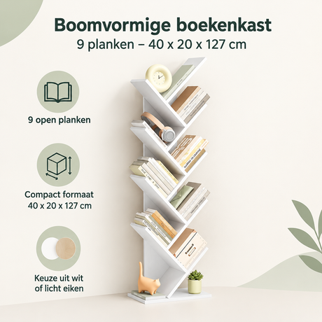 Boomvormige boekenkast van BukkitBow met 9 planken, afmetingen 40x20x127 cm, overzicht van kernvoordelen.