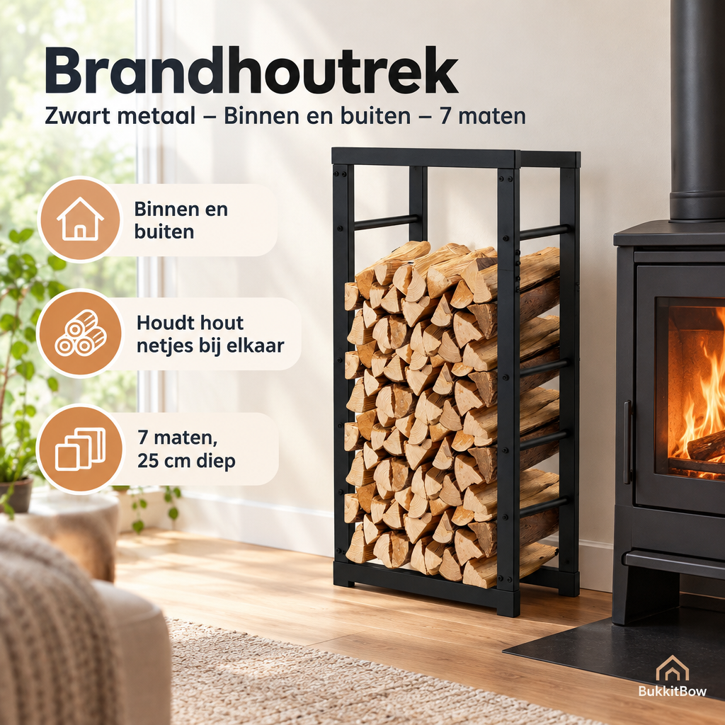Zwart metalen brandhoutrek van BukkitBow, geschikt voor binnen en buiten, beschikbaar in 7 maten, praktische houtopslag.