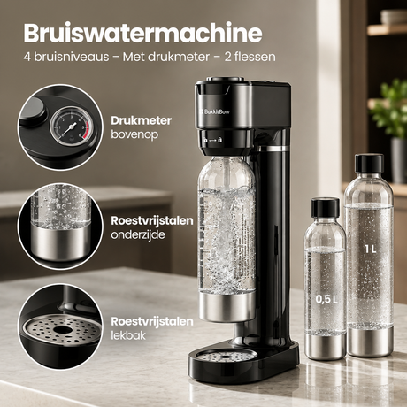 BukkitBow bruiswatermachine met 4 bruisniveaus, drukmeter en 2 flessen, detail van het materiaal en bedieningsknoppen